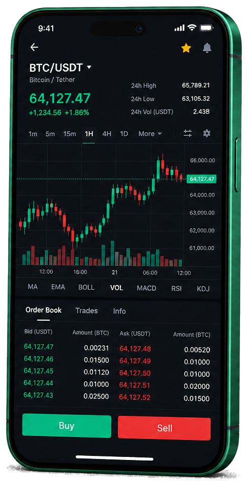 Ecrã móvel de trading Chain Akpro Xp — dados BTC/USDT em tempo real, livro de ordens e ferramentas para execução